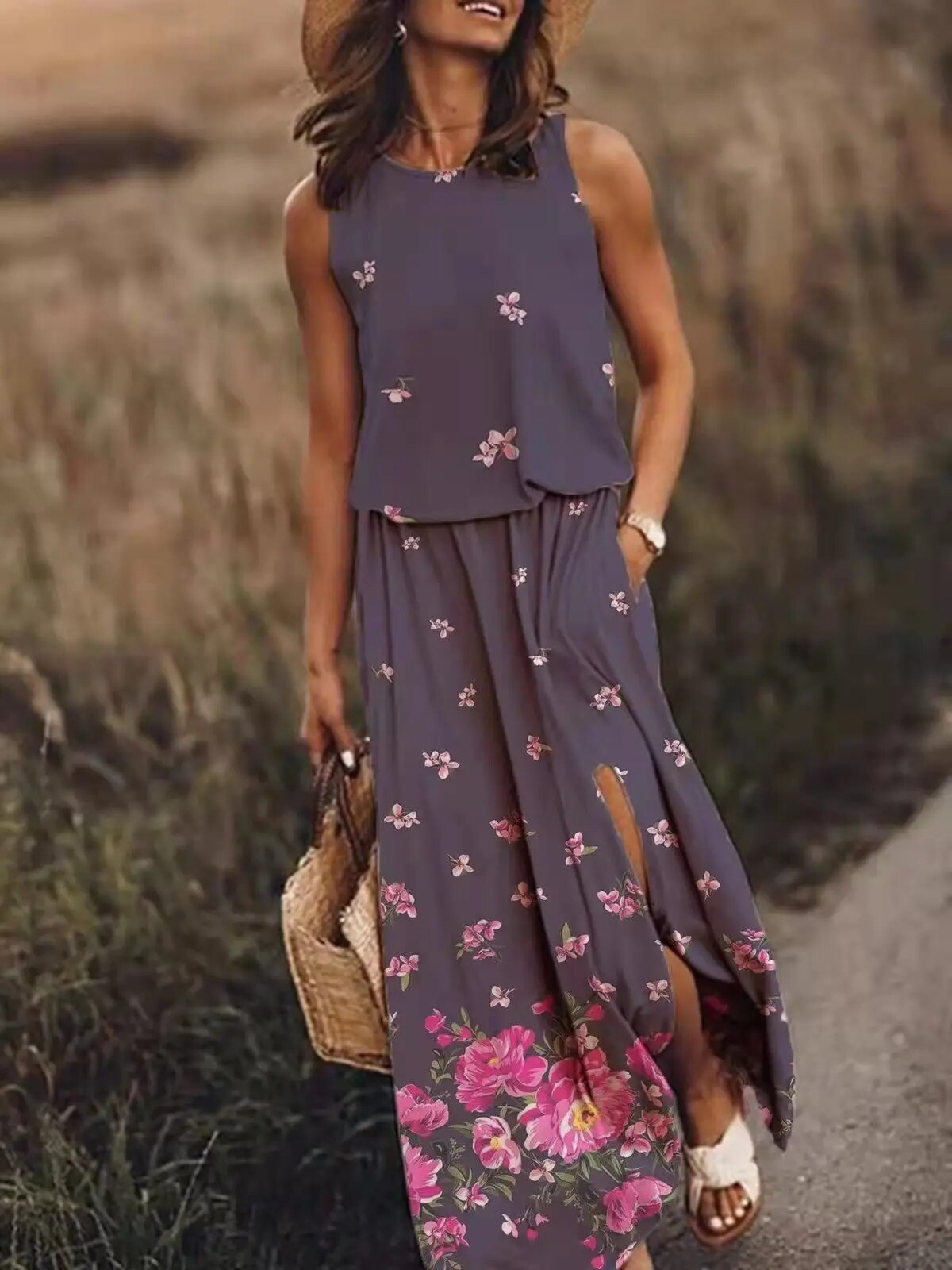 Women's elegant sleeveless maxi dress front view; flowing design, flattering silhouette; perfect for any occasion.