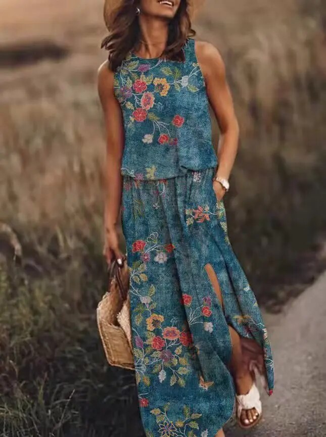Women's elegant sleeveless maxi dress front view; flowing design, flattering silhouette; perfect for any occasion.