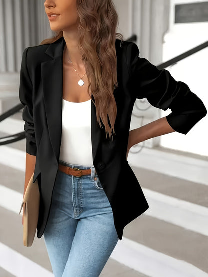"Women's elegant solid color business blazer with sleek design and versatile colors like black, blue, and white."