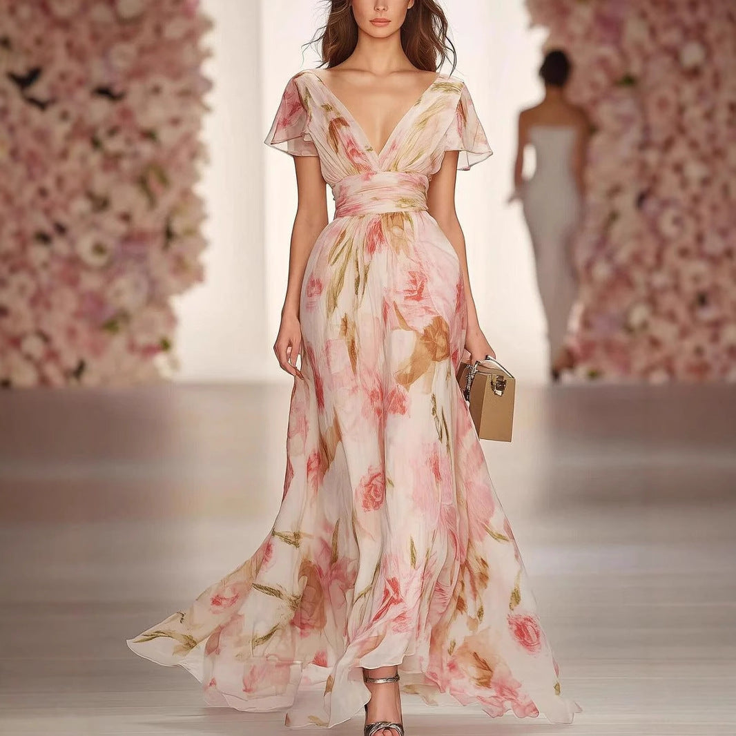 Ladies Elegant Flower Long Maxi Dress with Low Neckline - Luxivelle