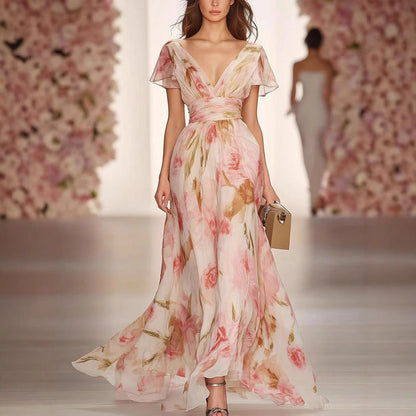 Ladies Elegant Flower Long Maxi Dress with Low Neckline - Luxivelle