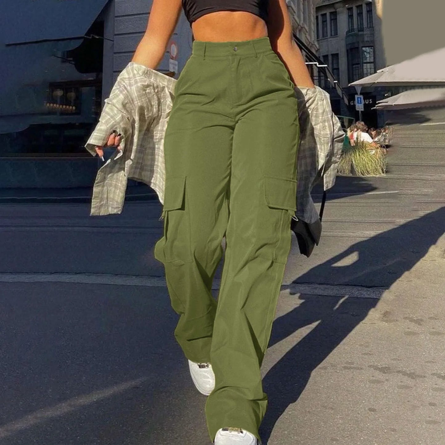 Women's high-waist cargo pants with functional pockets, showcasing durable fabric and versatile design for casual comfort.