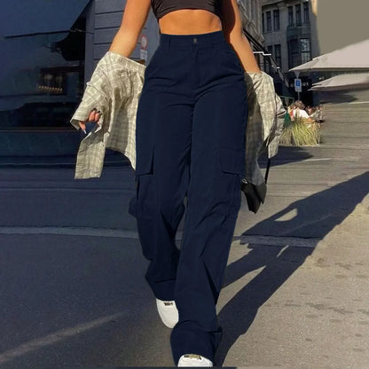 Women's high-waist cargo pants with functional pockets, showcasing durable fabric and versatile design for casual comfort.