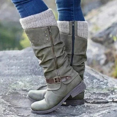 Ladies Tall Buckle Boots with Knit Top - Luxivelle