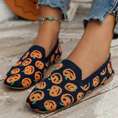 "Women's knit slip-on flats with square toe, breathable knit upper, and cushioned insole, side view."