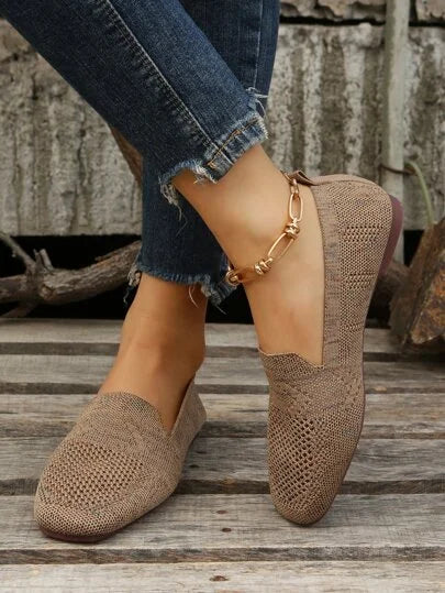 "Women's knit slip-on flats with square toe, breathable knit upper, and cushioned insole, side view."
