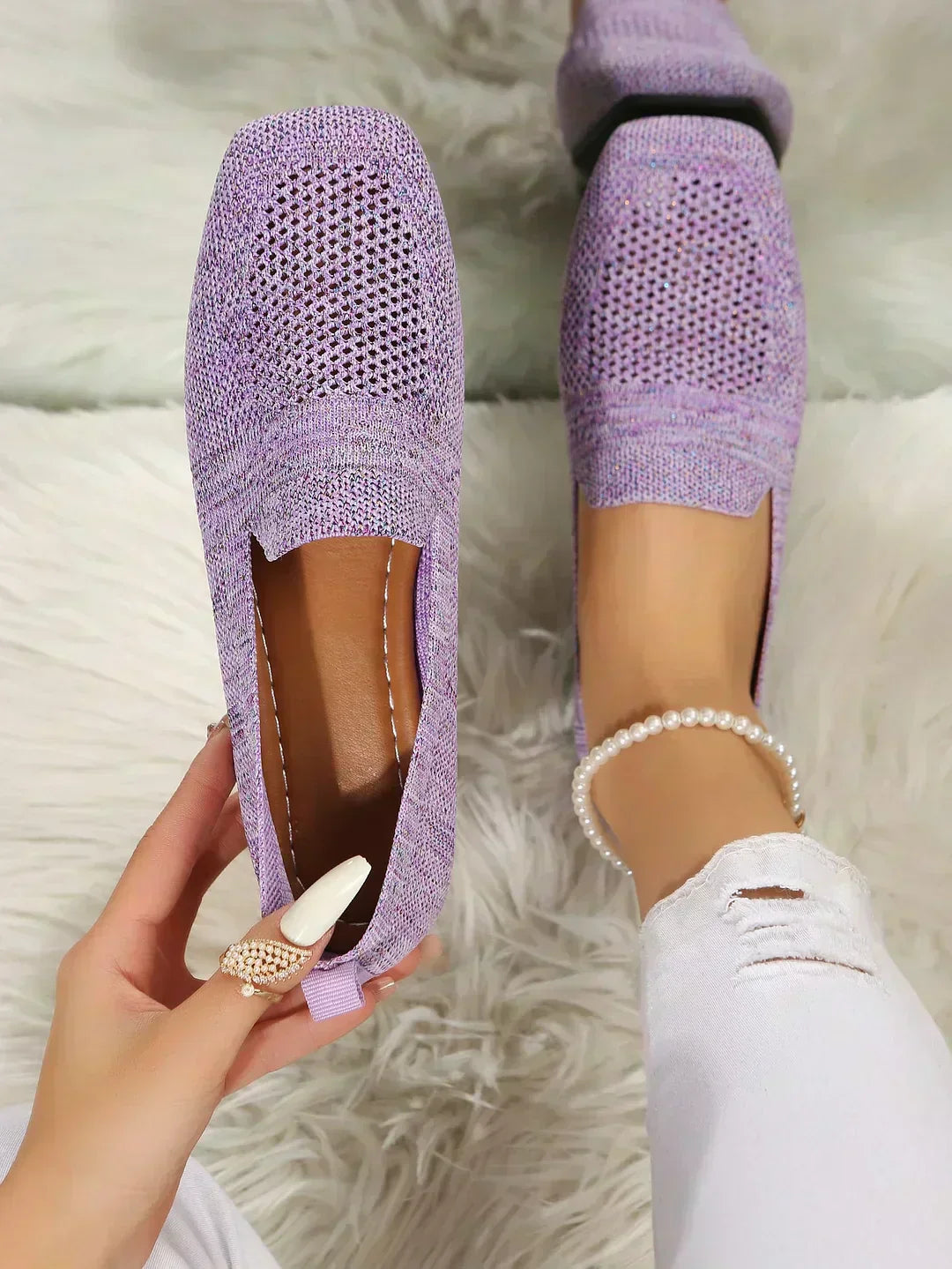 "Women's knit slip-on flats with square toe, breathable knit upper, and cushioned insole, side view."