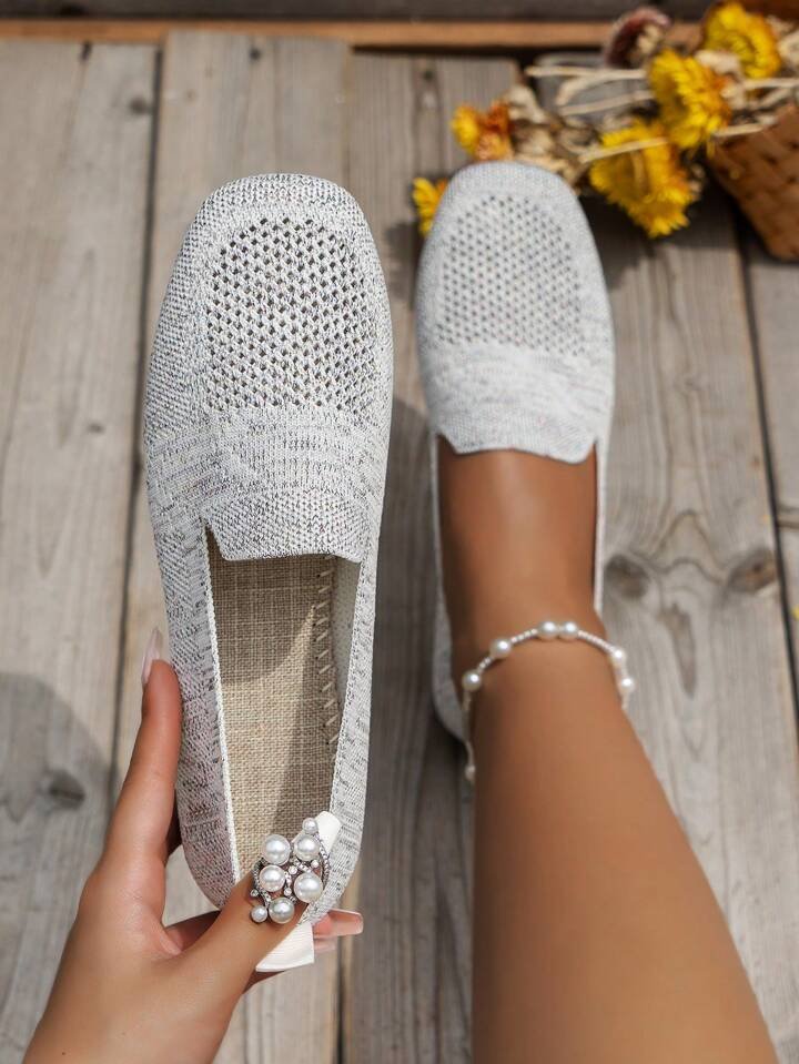"Women's knit slip-on flats with square toe, breathable knit upper, and cushioned insole, side view."