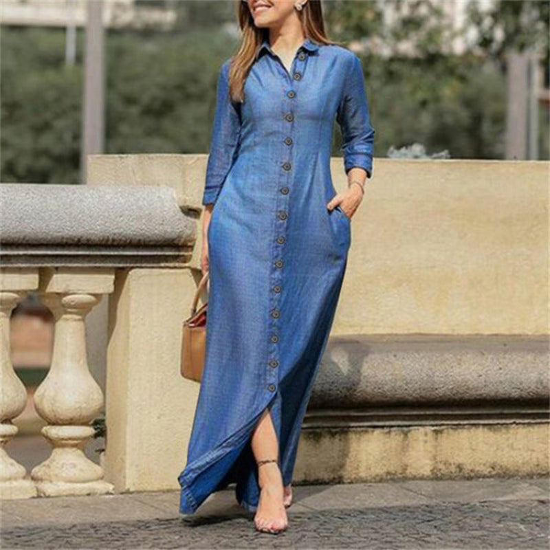 Classic Blue Jeans Maxi Dress for Women - Luxivelle