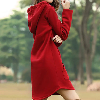 "Women's long style hoodie with relaxed fit, cozy soft fabric, ideal for fall and winter, showcasing trendy casual design."