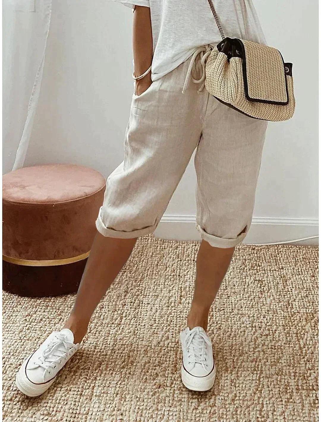 Relaxed Fit Linen Capri Trousers - Luxivelle