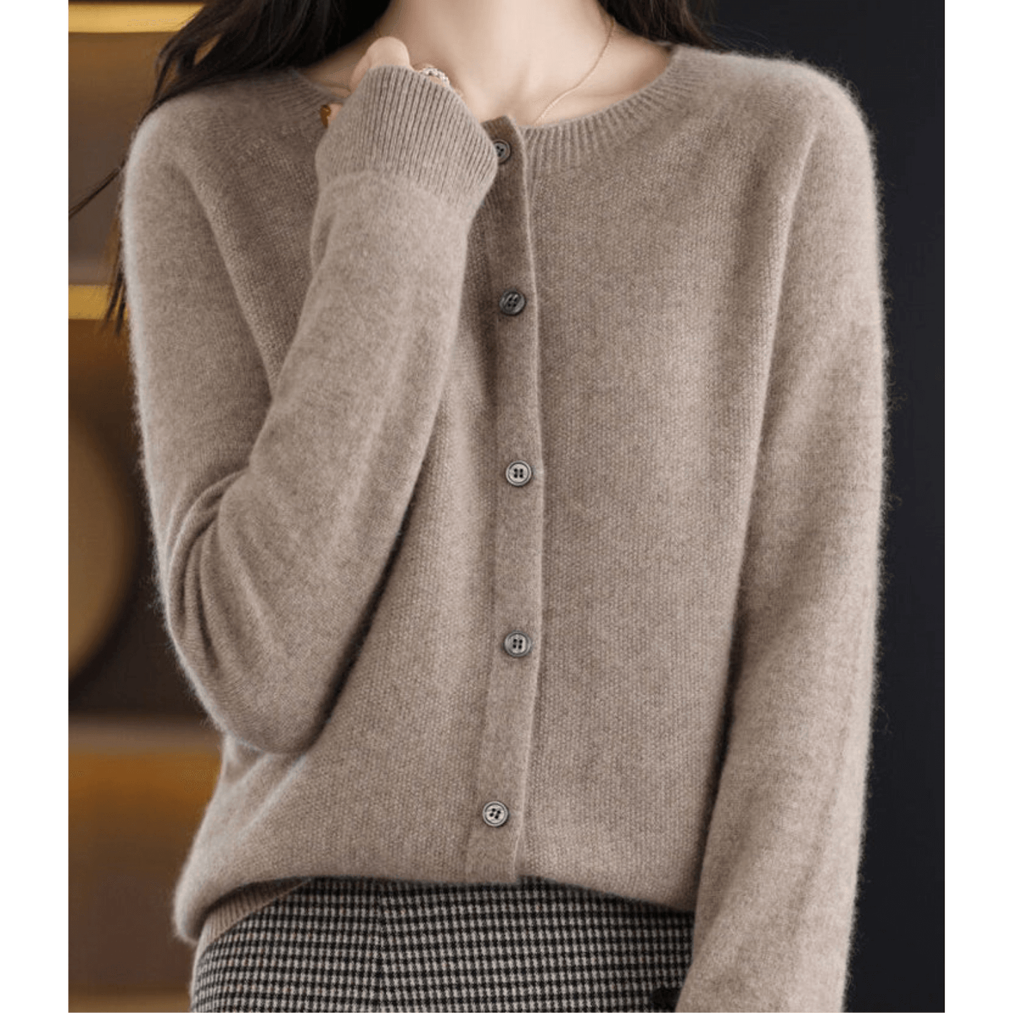Women's O-neck cashmere-like wool sweater, full-length cardigan, button-down, tailored fit, classic V-neck style.