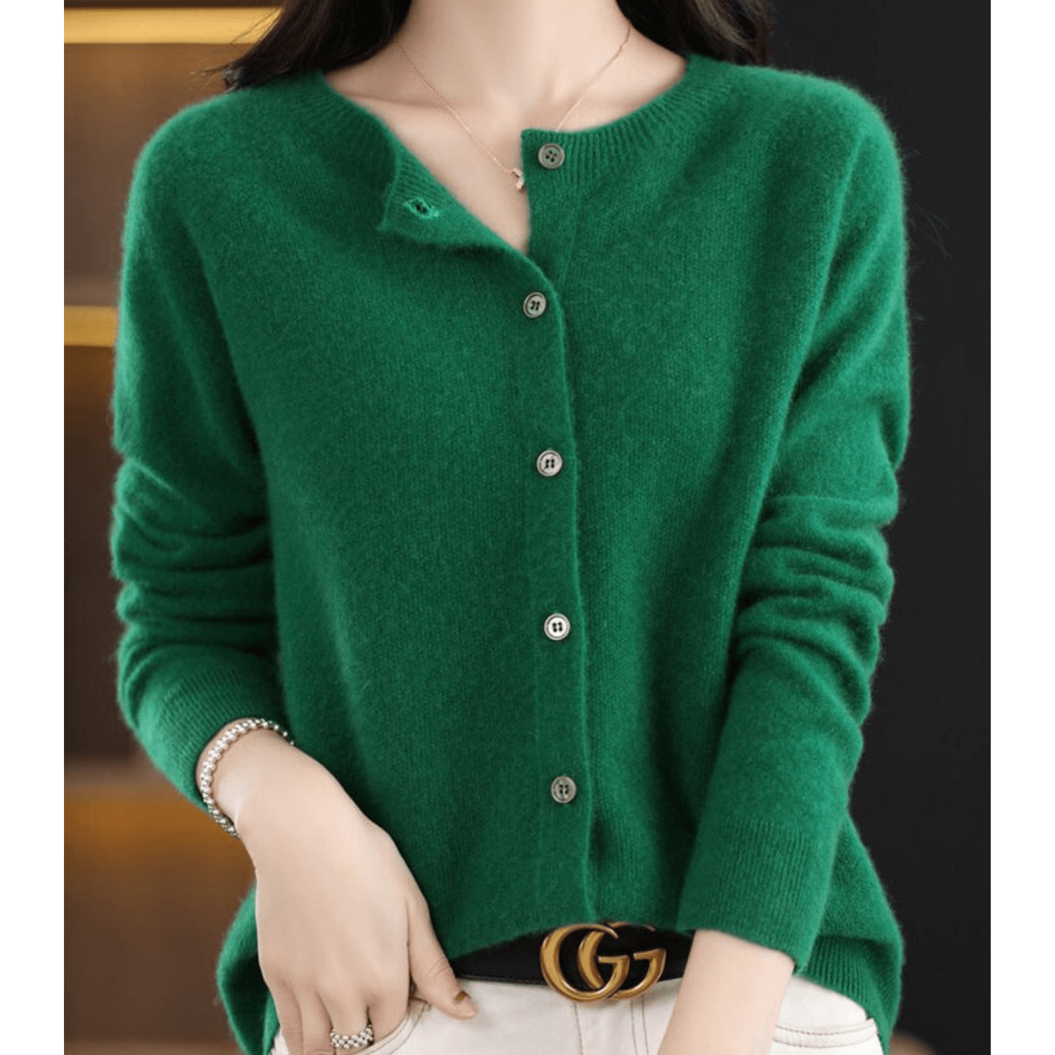 Women's O-neck cashmere-like wool sweater, full-length cardigan, button-down, tailored fit, classic V-neck style.