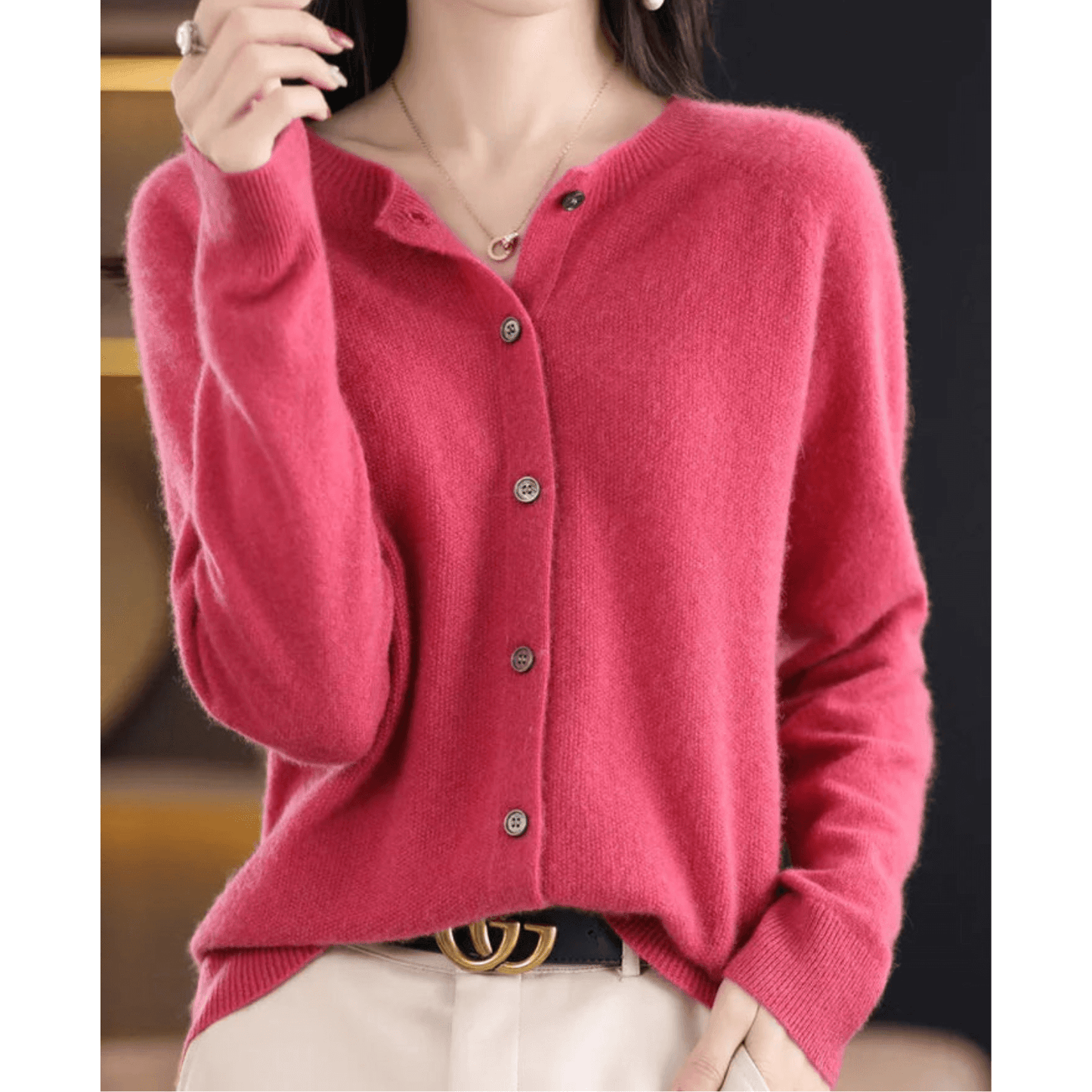 Women's O-neck cashmere-like wool sweater, full-length cardigan, button-down, tailored fit, classic V-neck style.