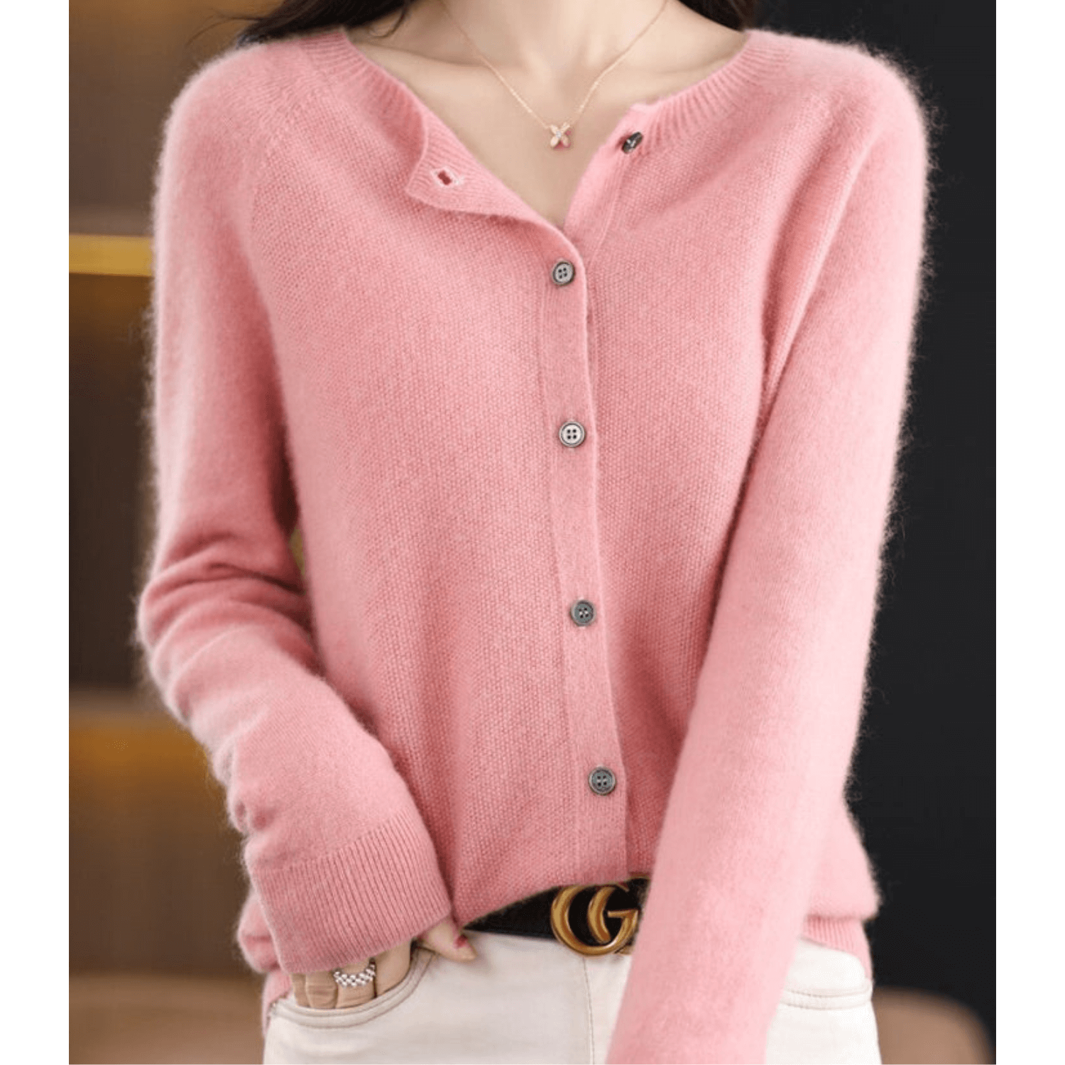 Women's O-neck cashmere-like wool sweater, full-length cardigan, button-down, tailored fit, classic V-neck style.