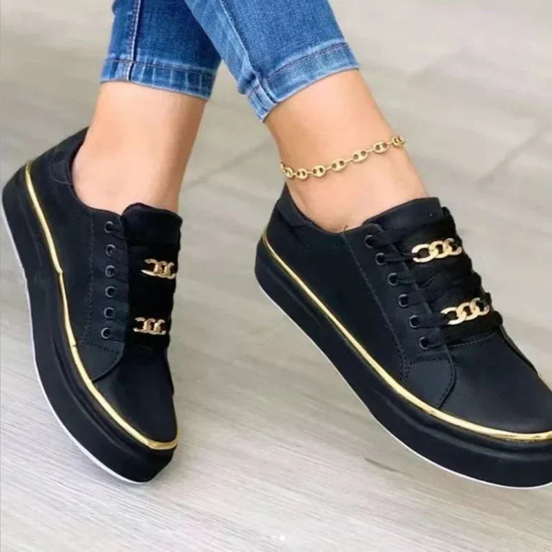 Ladies' High Heel Chain Sneakers with Gold Detail - Luxivelle