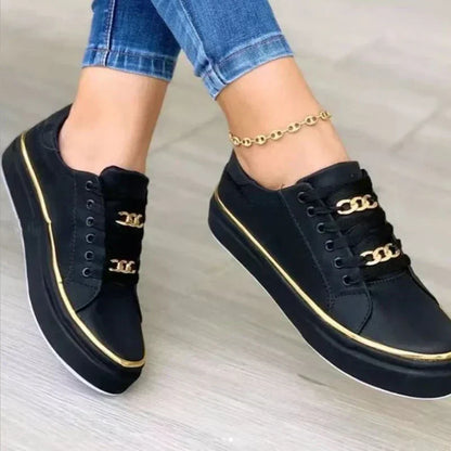 Ladies' High Heel Chain Sneakers with Gold Detail - Luxivelle