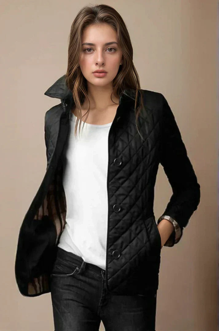 "Women's quilted button-up jacket with diamond pattern, perfect for lightweight warmth and stylish comfort in cooler weather.