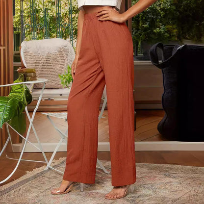 Women's relaxed fit straight-leg trousers with elastic waistband, breathable cotton-linen blend, in black, navy blue, brick r