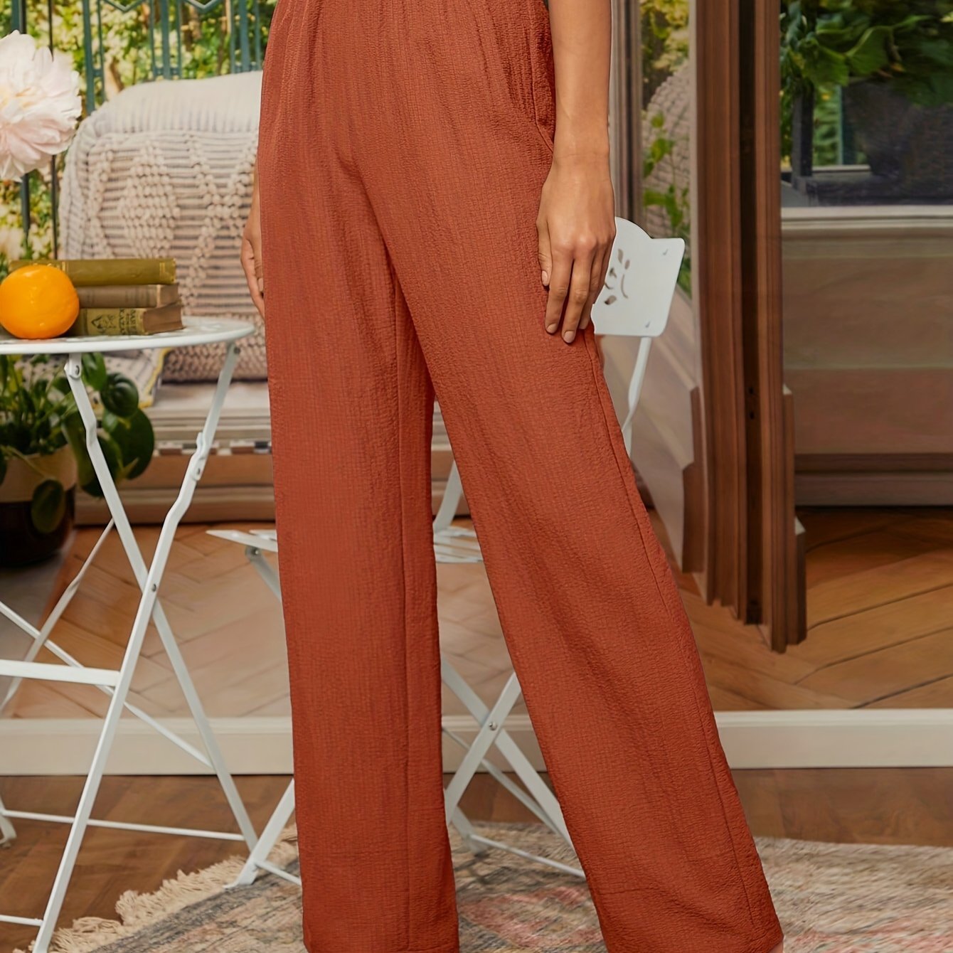 Women's relaxed fit straight-leg trousers with elastic waistband, breathable cotton-linen blend, in black, navy blue, brick r