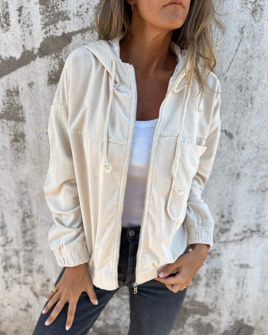 Classic Ladies Corduroy Hooded Zipper Jacket - Luxivelle