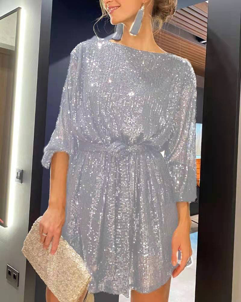 Women's sequin mini dress with belt, shimmering sequins, front view, perfect for parties and elegant occasions.