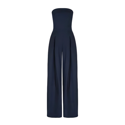 "Women's strapless cotton wide-leg jumpsuit, tailored fit, flowy silhouette, in beige, black, dark blue color options."