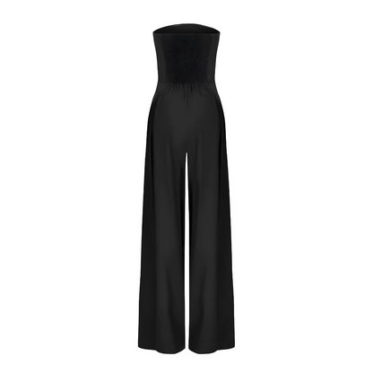 "Women's strapless cotton wide-leg jumpsuit, tailored fit, flowy silhouette, in beige, black, dark blue color options."