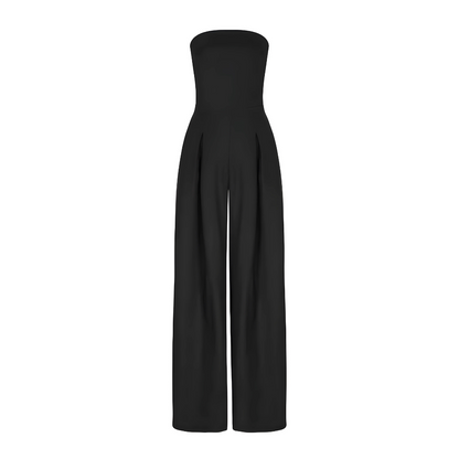 "Women's strapless cotton wide-leg jumpsuit, tailored fit, flowy silhouette, in beige, black, dark blue color options."