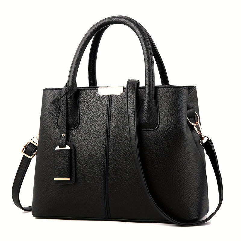 Women's stylish leather handbag with tote design, detachable crossbody strap, gold accents, spacious interior, elegant look.