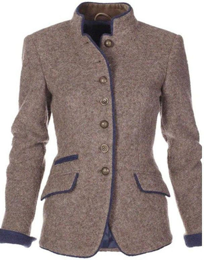 Women's tailored wool blend blazer jacket with stand collar, featuring sleek contrast piping, ideal for chic and formal wear.