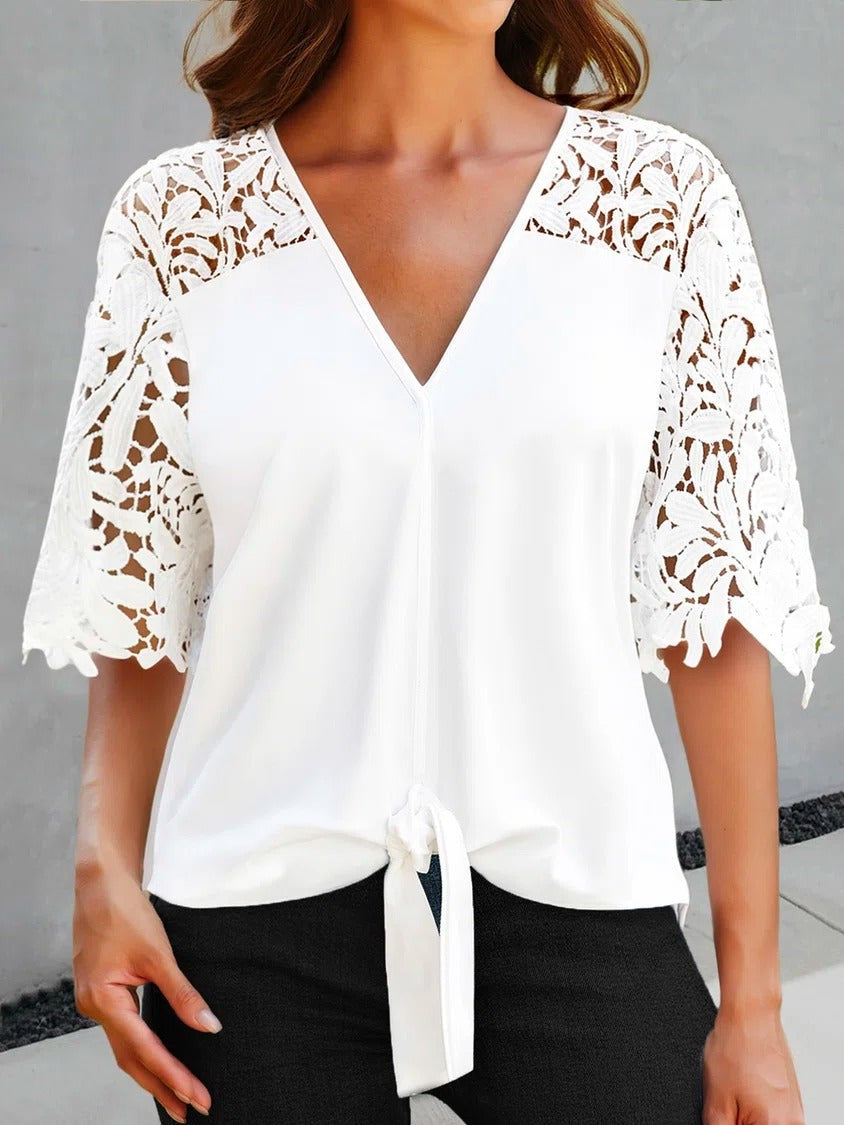Feminine Lace Trim V-Neck Top - Luxivelle