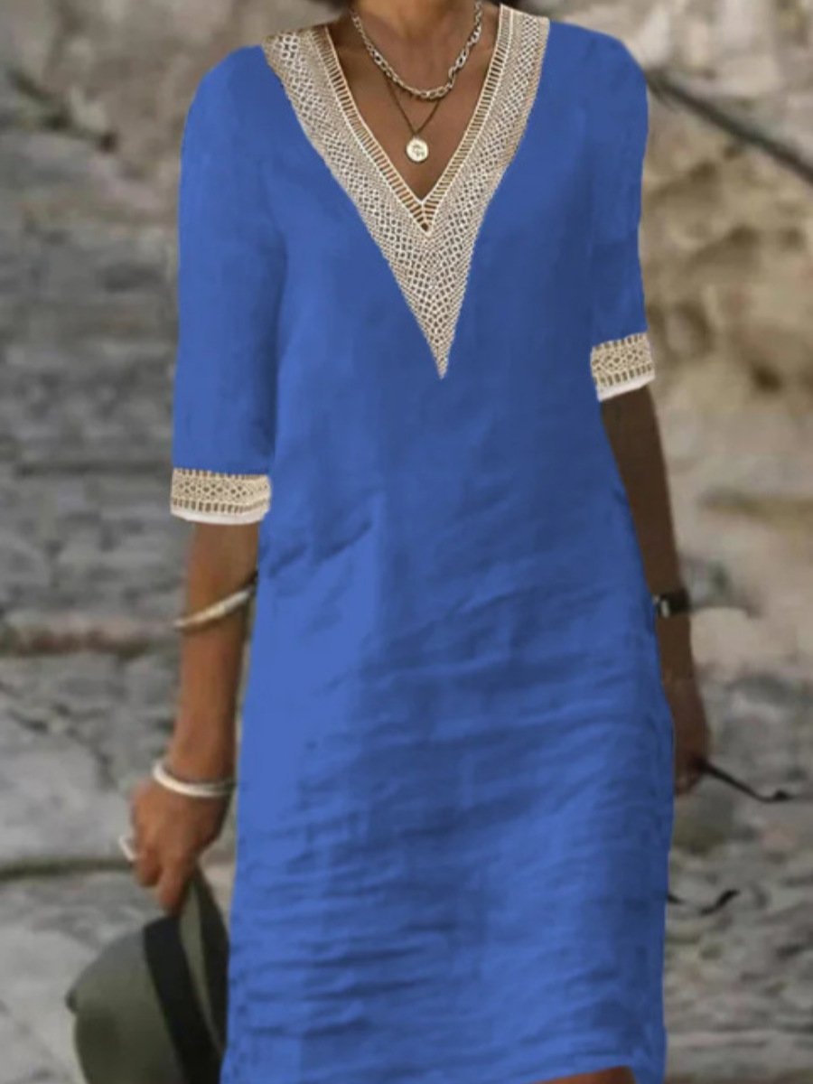 "Women's V-Neck Lace Trim Midi Dress with 3/4 sleeves, relaxed fit, elegant lace detail, perfect for summer outings."