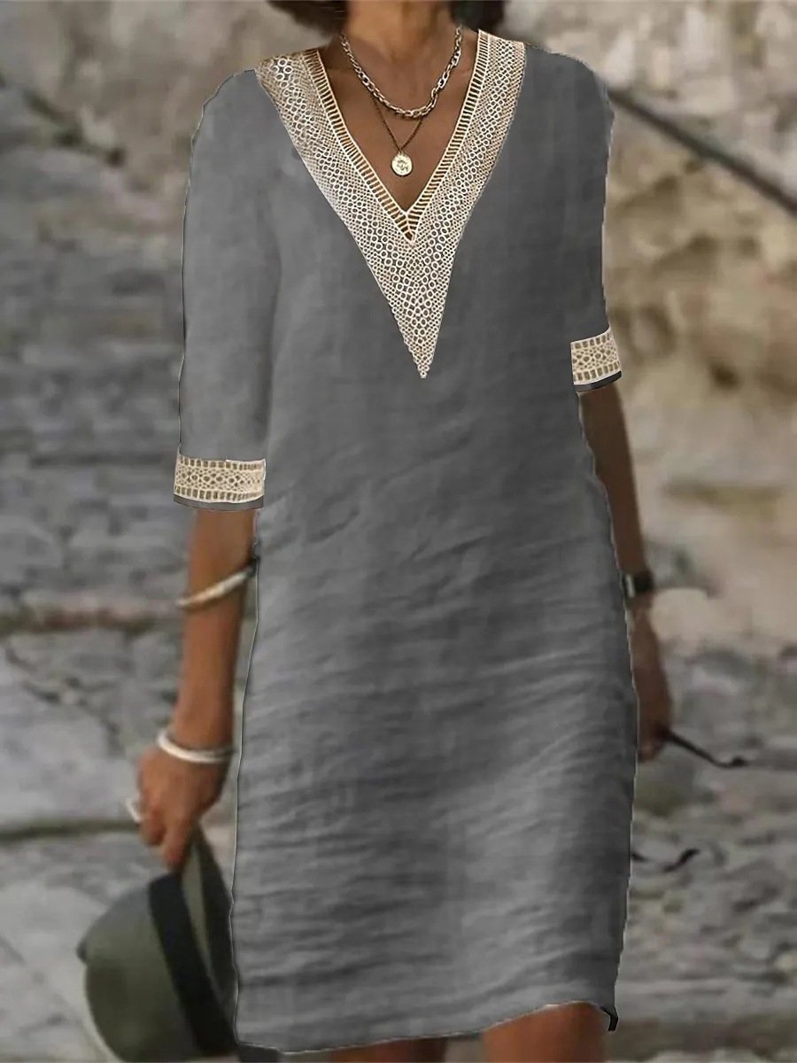 "Women's V-Neck Lace Trim Midi Dress with 3/4 sleeves, relaxed fit, elegant lace detail, perfect for summer outings."