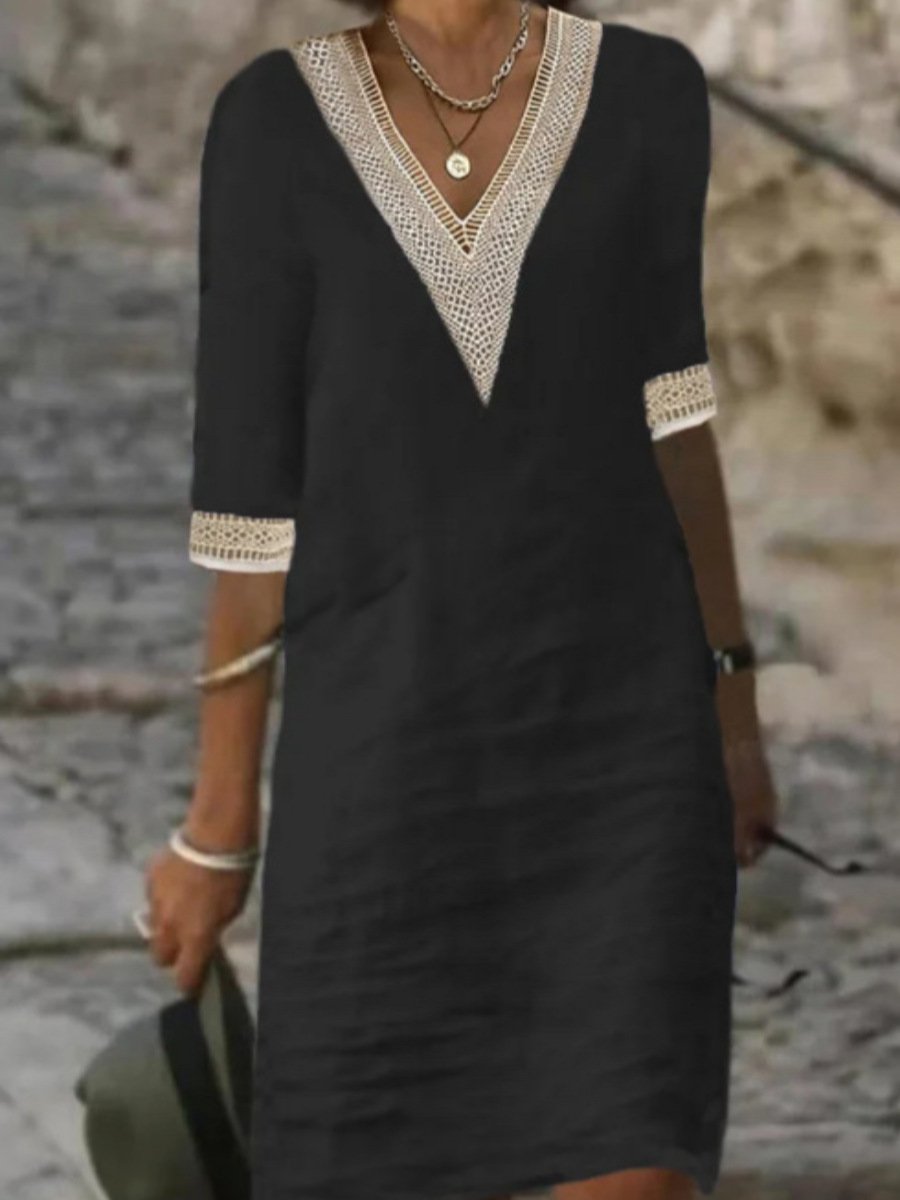 "Women's V-Neck Lace Trim Midi Dress with 3/4 sleeves, relaxed fit, elegant lace detail, perfect for summer outings."