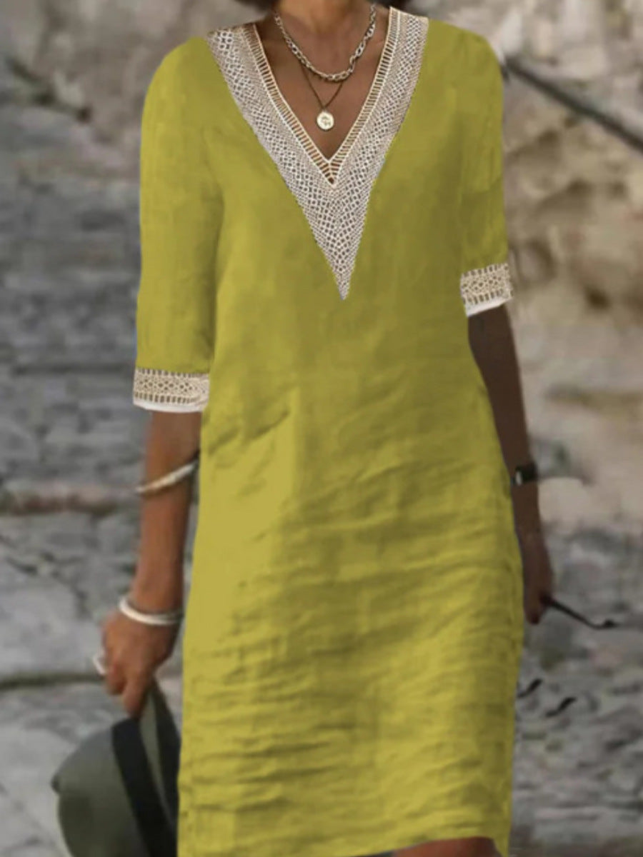 "Women's V-Neck Lace Trim Midi Dress with 3/4 sleeves, relaxed fit, elegant lace detail, perfect for summer outings."