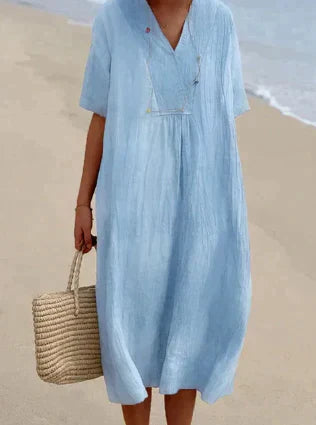 Casual V Neck Summer Midi Dress - Loose Fit - Luxivelle