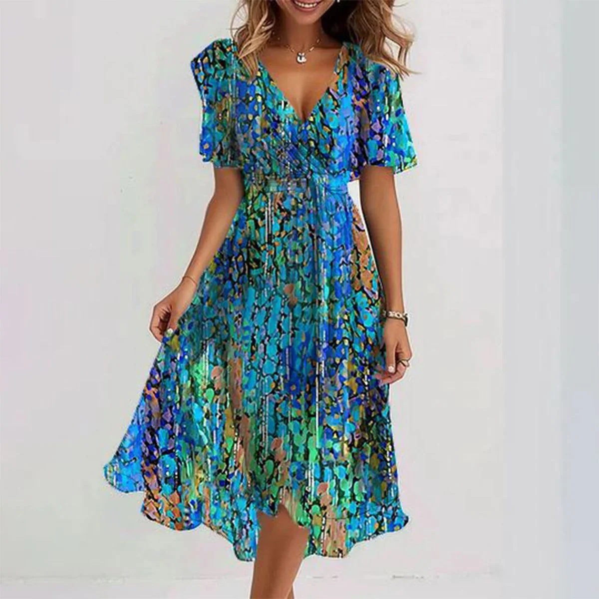 Ladies' V-Neck Wrap Midi Dress - Ruffle Sleeve - Luxivelle