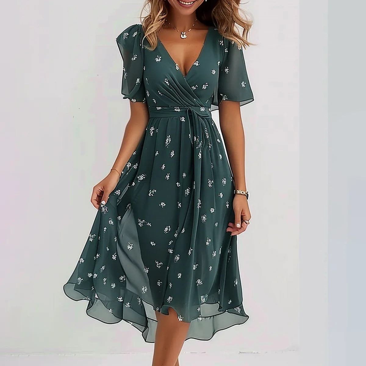 Women's V-neck wrap dress with flutter sleeves, cinched waist, and A-line silhouette in pastel hues; perfect for any occasion