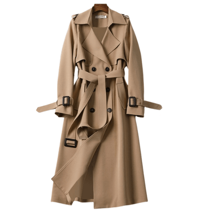"Women's vintage trench coat with modern details, featuring a classic silhouette, defined waistline, and stylish accents."