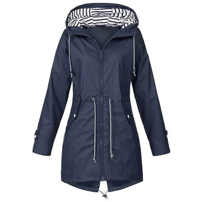 "Women's waterproof rain jacket with hood, hip-length, solid color, front view showing sleek classic design."