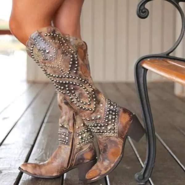 Trendy Studded Mid Calf Cowboy Boots for Women - Luxivelle