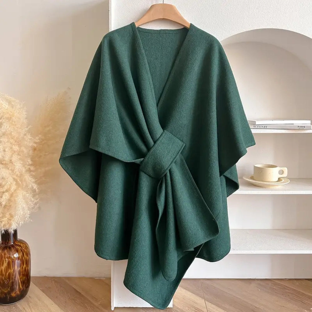 "Women's windproof poncho shawl coat with flowing silhouette in solid color, open front, perfect for fall and winter outfits.