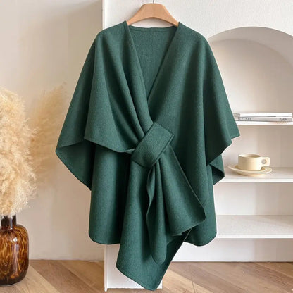 "Women's windproof poncho shawl coat with flowing silhouette in solid color, open front, perfect for fall and winter outfits.