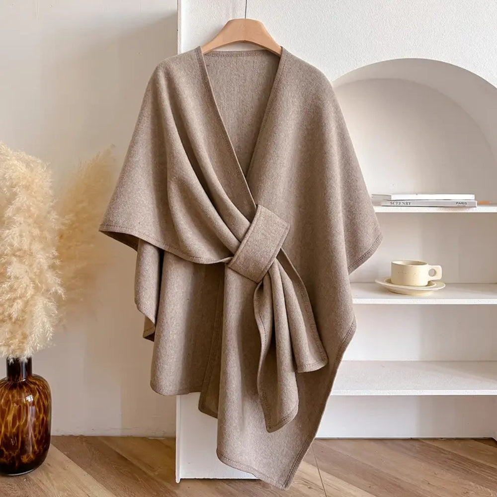 "Women's windproof poncho shawl coat with flowing silhouette in solid color, open front, perfect for fall and winter outfits.