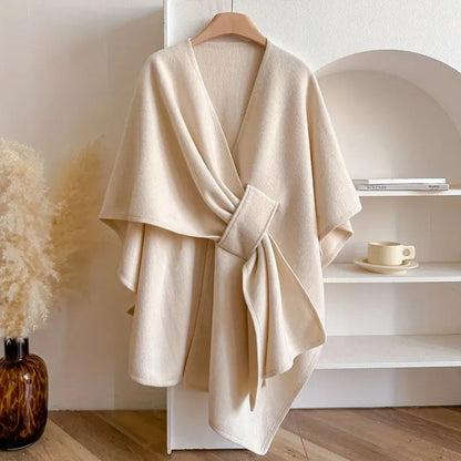 "Women's windproof poncho shawl coat with flowing silhouette in solid color, open front, perfect for fall and winter outfits.