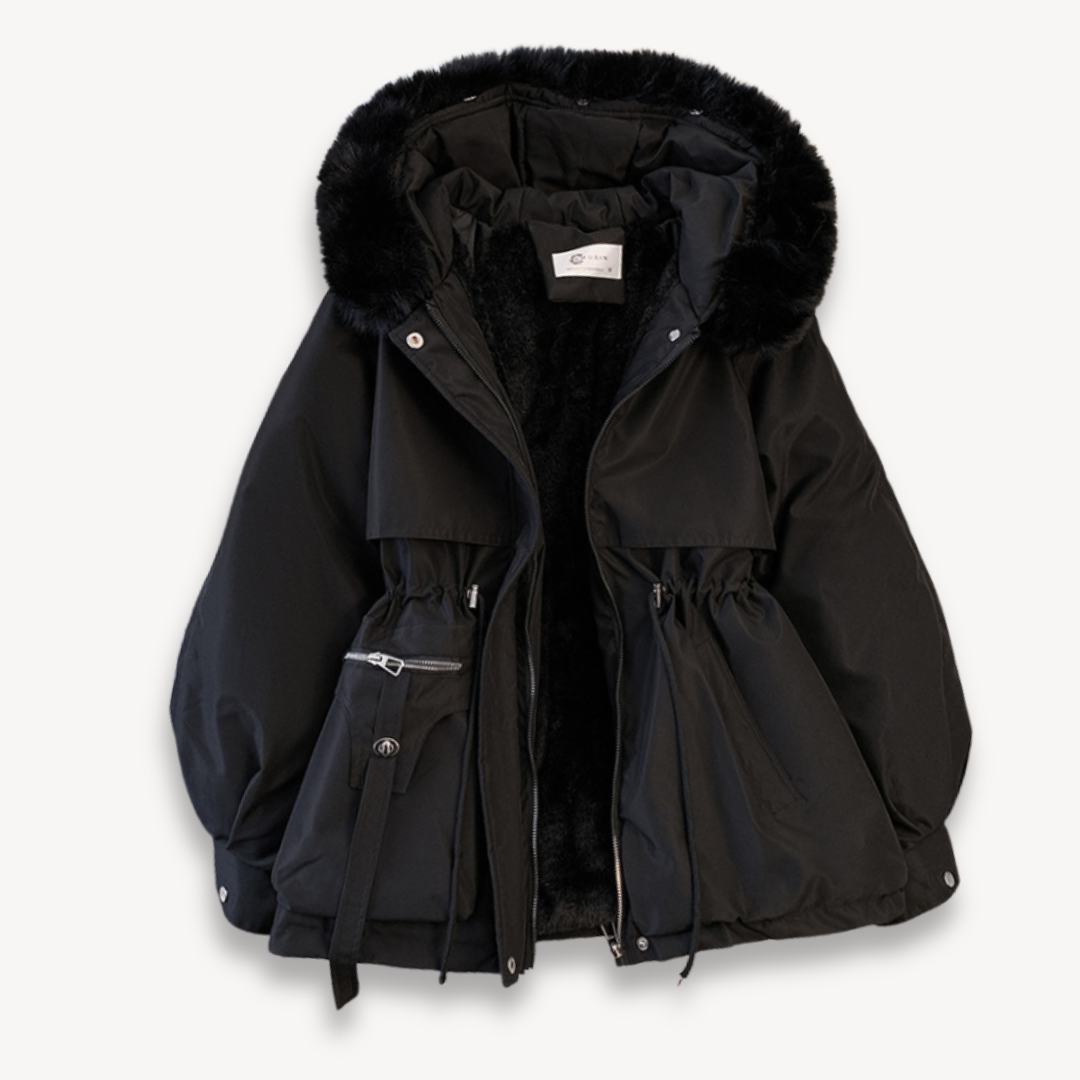 Women's winter parka with removable hood, adjustable waist, in beige. Perfect for warmth and style in cold weather.