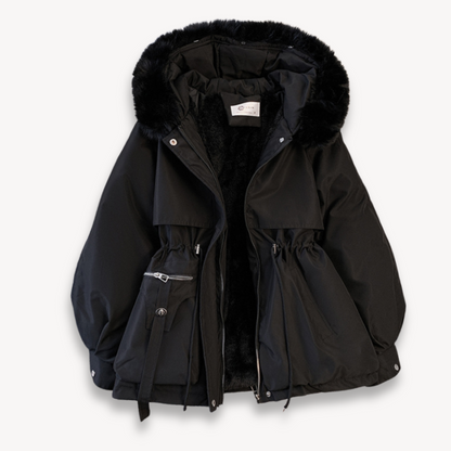 Women's winter parka with removable hood, adjustable waist, in beige. Perfect for warmth and style in cold weather.