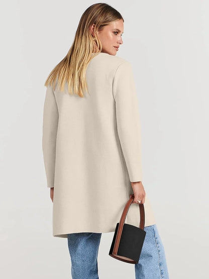 Warm Women's Knee Length Wool Coat with Classic Lapel - Luxivelle