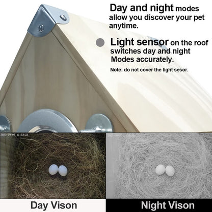 "Wooden bird nesting feeder with camera, weather-resistant, view birds day/night. Perfect for birdwatchers and nature lovers.